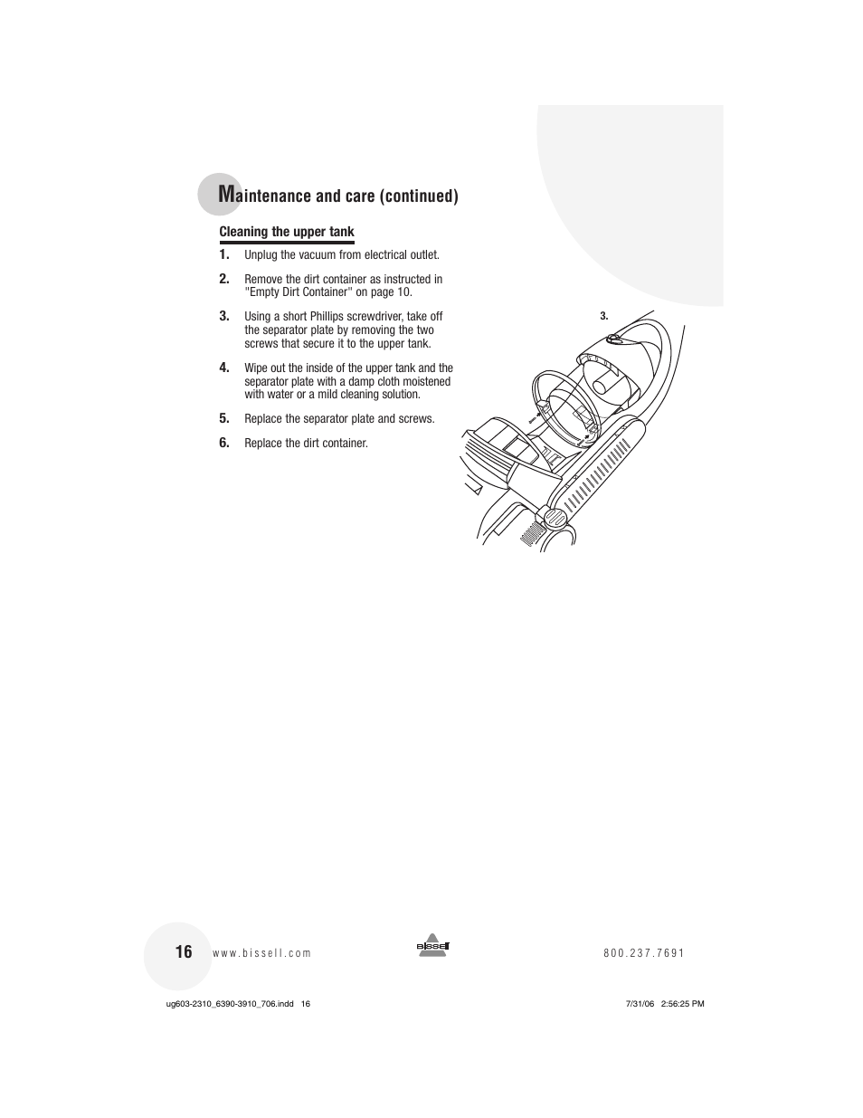 Aintenance and care (continued) | Bissell 3910 User Manual | Page 16 / 20