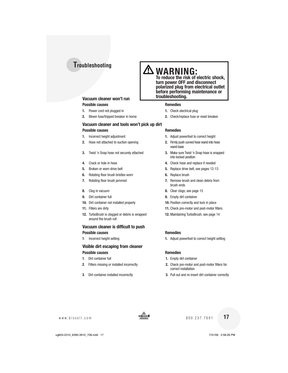 Warning, Roubleshooting | Bissell 3910 User Manual | Page 17 / 20