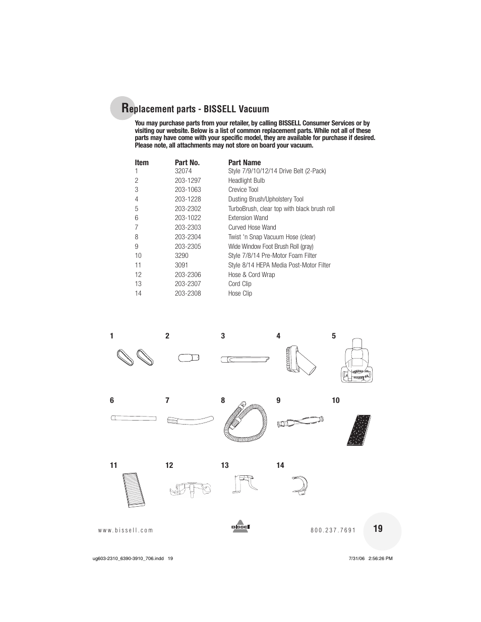 Eplacement parts - bissell vacuum | Bissell 3910 User Manual | Page 19 / 20