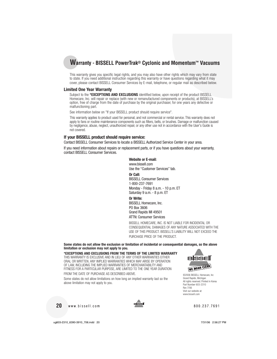 Arranty - bissell powertrak, Cyclonic and momentum, Vacuums | Bissell 3910 User Manual | Page 20 / 20