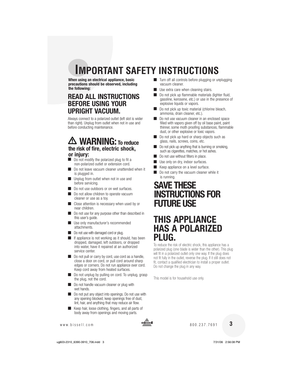 Mportant safety instructions, Warning | Bissell 3910 User Manual | Page 3 / 20