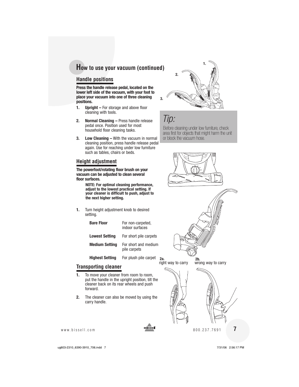 Ow to use your vacuum (continued) 7 | Bissell 3910 User Manual | Page 7 / 20