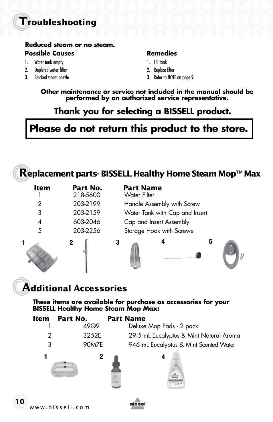 Please do not return this product to the store, Roubleshooting, Dditional accessories | Bissell 90Y5 User Manual | Page 10 / 12