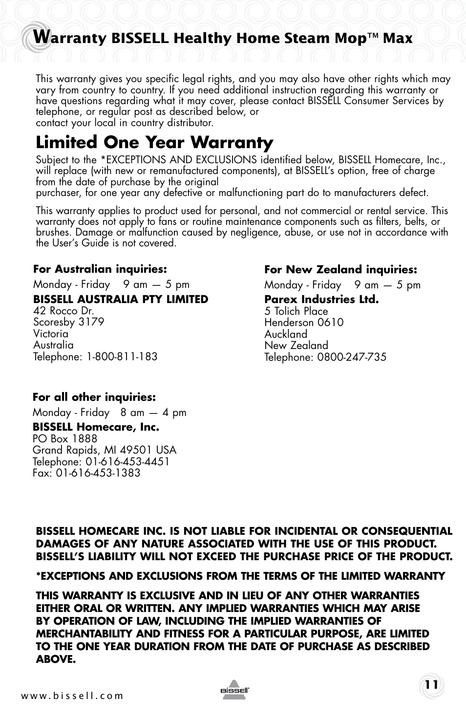 Limited one year warranty, Arranty bissell healthy home steam mop ™ max | Bissell 90Y5 User Manual | Page 11 / 12
