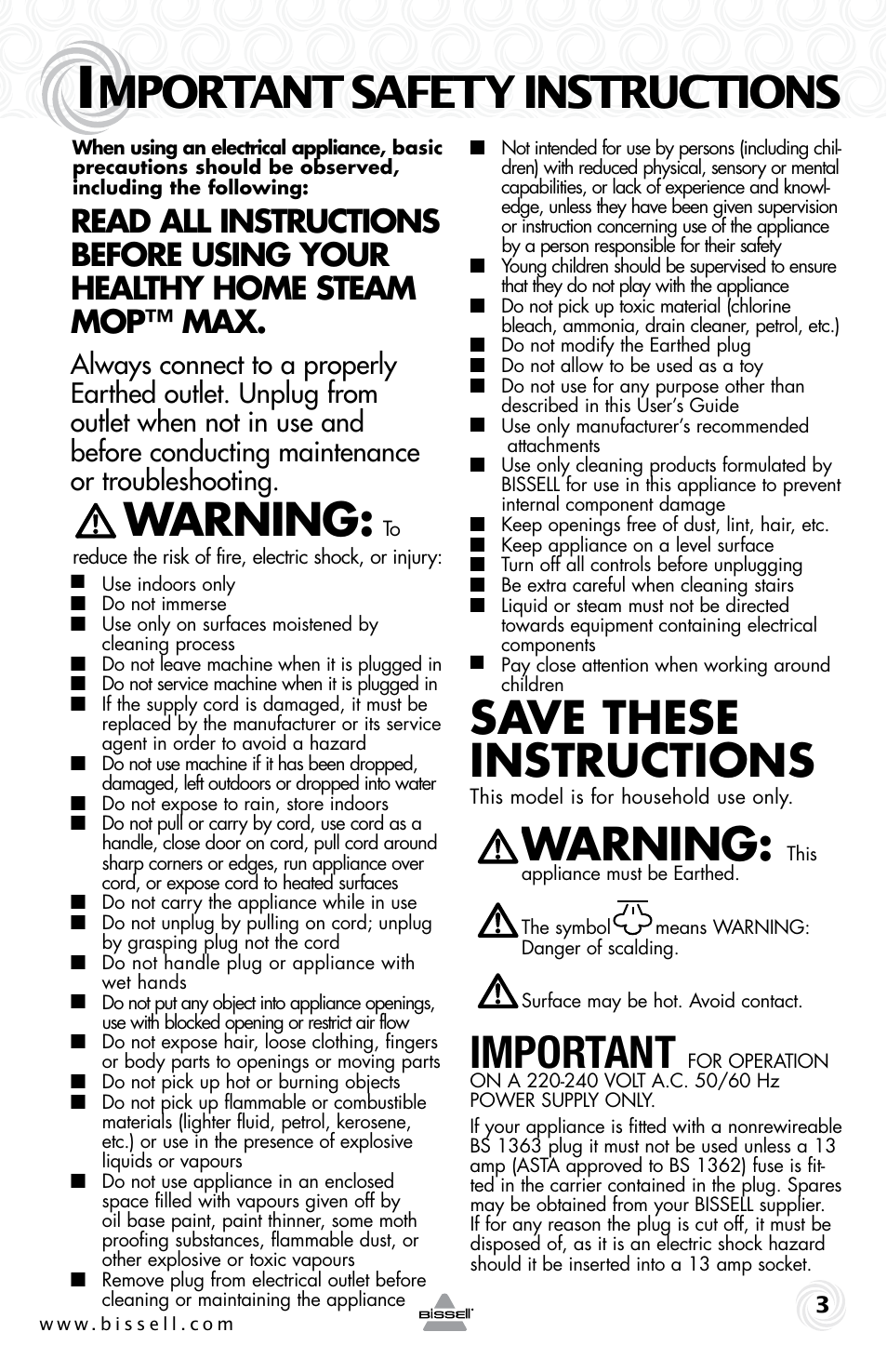 Mportant safety instructions, Warning, Save these instructions | Important | Bissell 90Y5 User Manual | Page 3 / 12