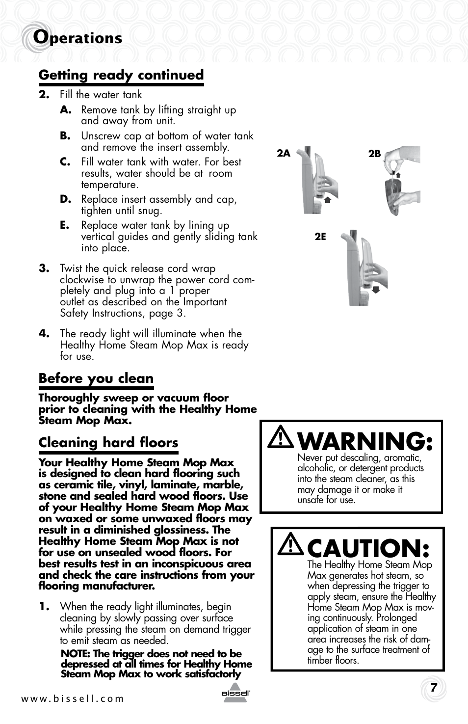Caution, Warning, Perations | Getting ready continued, Before you clean, Cleaning hard floors | Bissell 90Y5 User Manual | Page 7 / 12
