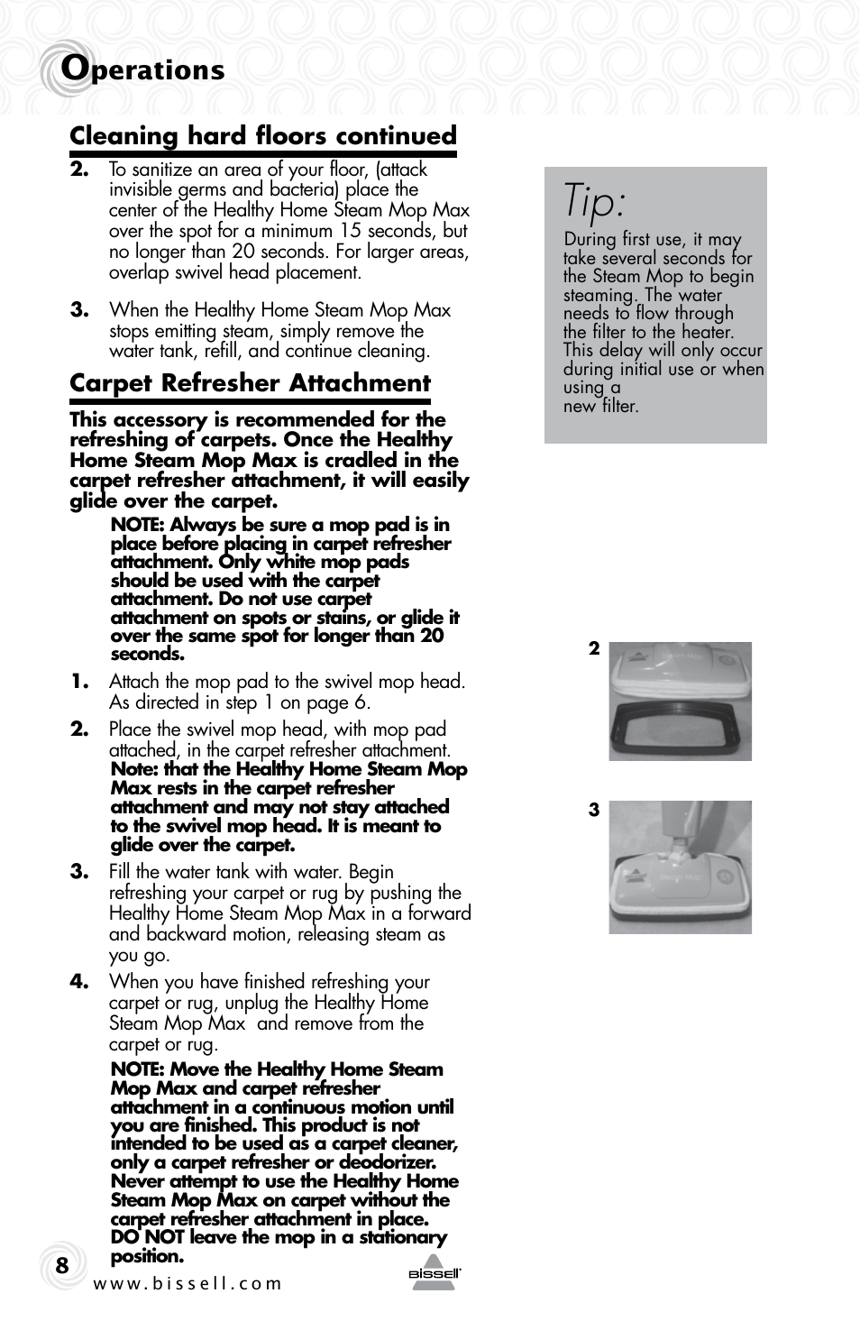 Perations, Cleaning hard floors continued, Carpet refresher attachment | Bissell 90Y5 User Manual | Page 8 / 12
