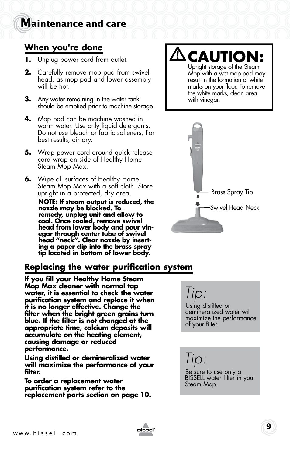 Caution, Aintenance and care, When you're done | Replacing the water purification system | Bissell 90Y5 User Manual | Page 9 / 12