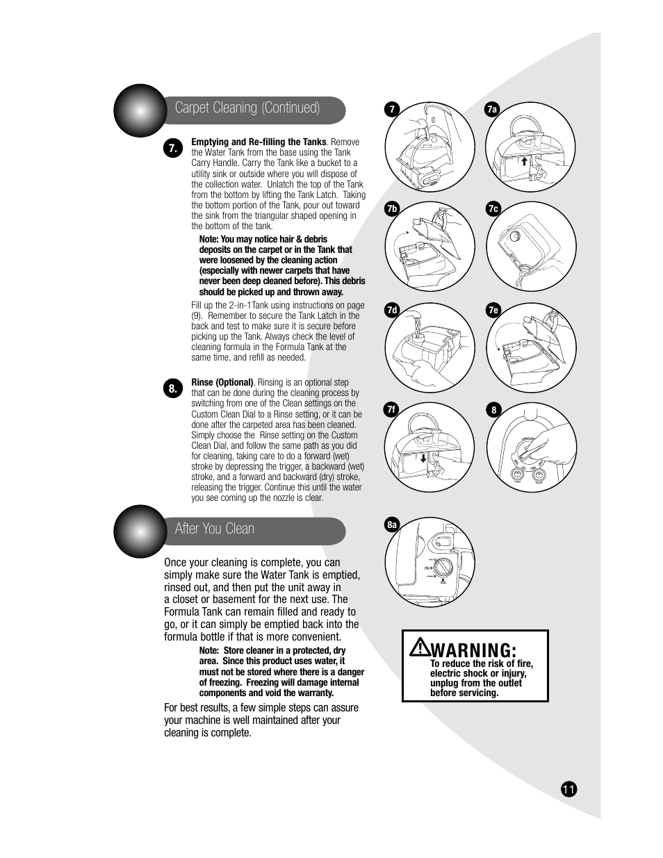 Warning, Carpet cleaning (continued), After you clean | Bissell PROHEAT2X 8920 User Manual | Page 11 / 24
