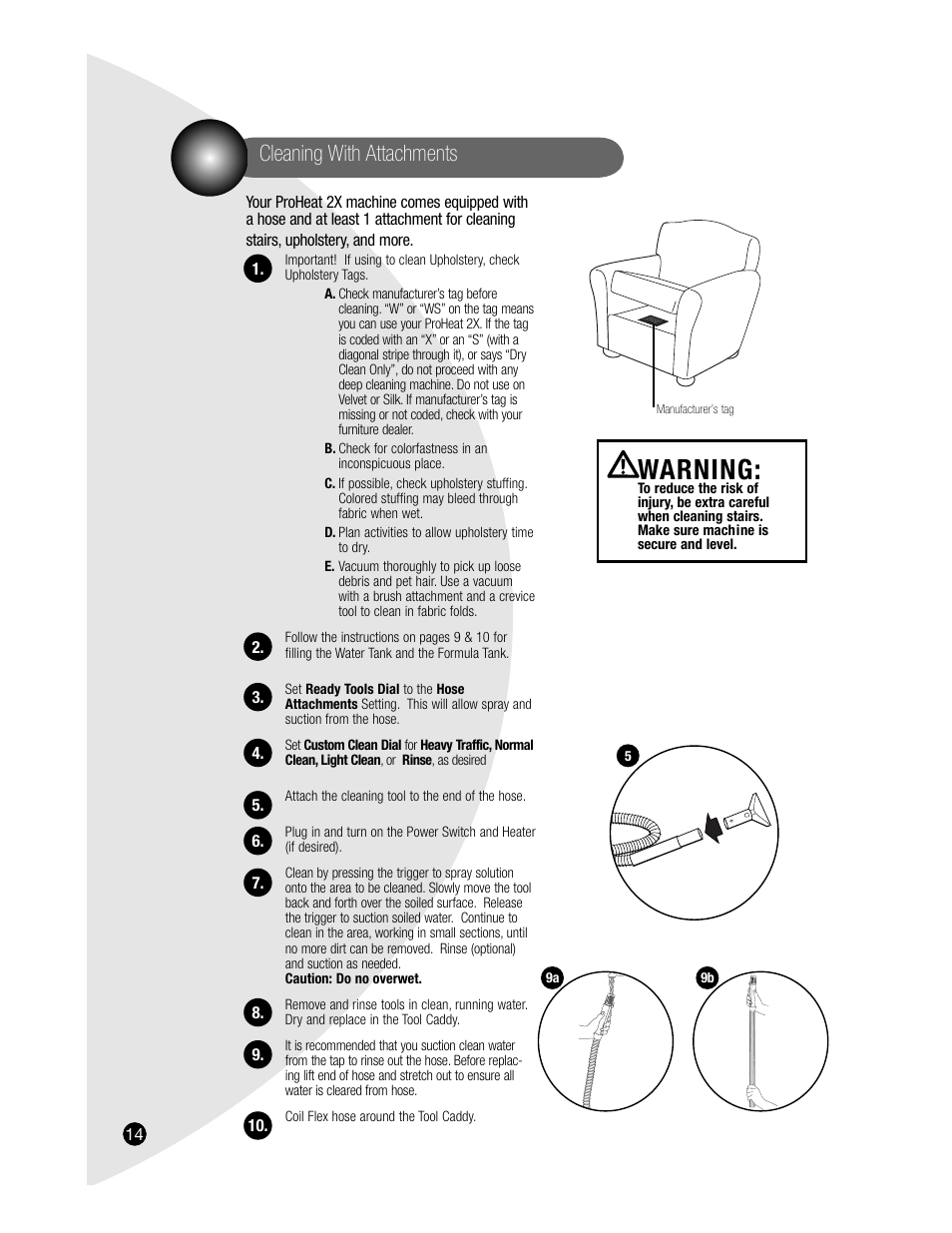 Warning, Cleaning with attachments | Bissell PROHEAT2X 8920 User Manual | Page 14 / 24