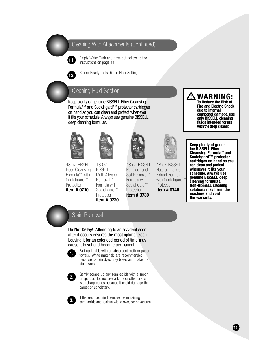 Warning, Cleaning with attachments (continued) | Bissell PROHEAT2X 8920 User Manual | Page 15 / 24