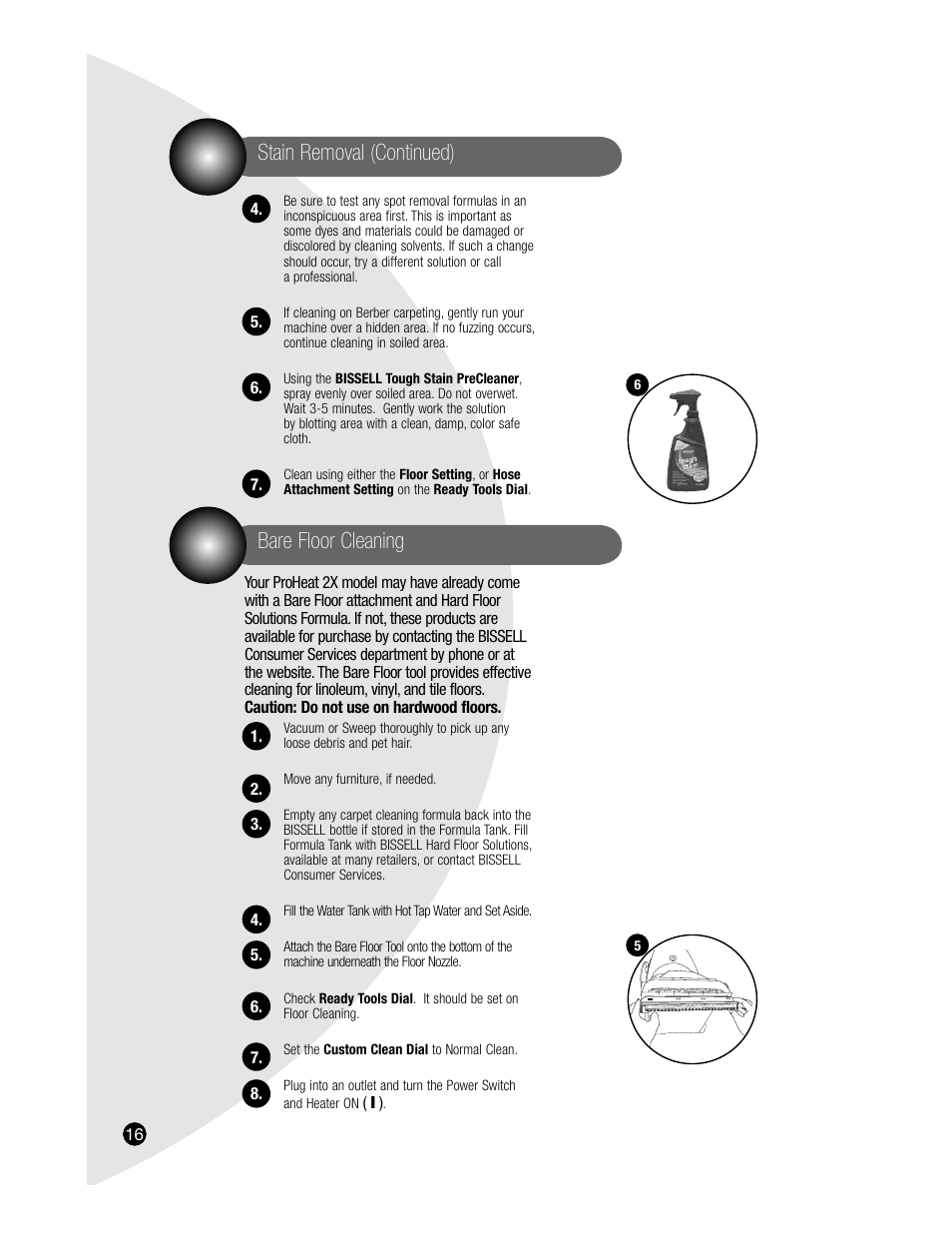 Stain removal (continued), Bare floor cleaning | Bissell PROHEAT2X 8920 User Manual | Page 16 / 24