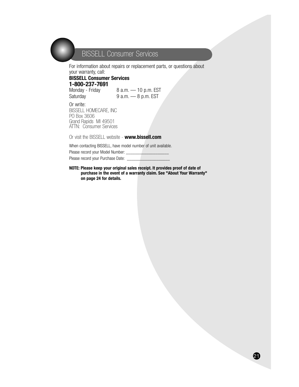 Bissell consumer services | Bissell PROHEAT2X 8920 User Manual | Page 21 / 24