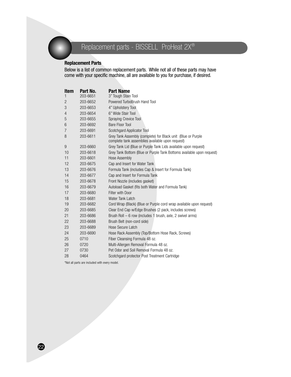 Replacement parts - bissell proheat 2x | Bissell PROHEAT2X 8920 User Manual | Page 22 / 24