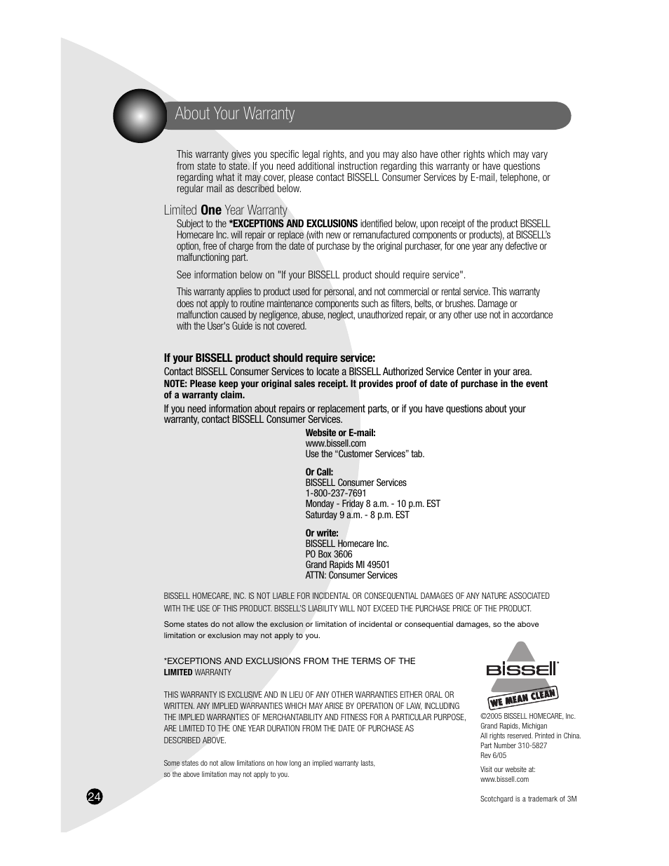 About your warranty, Limited one year warranty | Bissell PROHEAT2X 8920 User Manual | Page 24 / 24