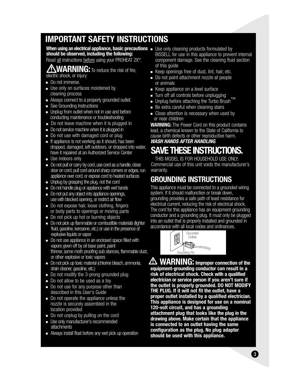 Save these instructions, Important safety instructions, Warning | Grounding instructions | Bissell PROHEAT2X 8920 User Manual | Page 3 / 24