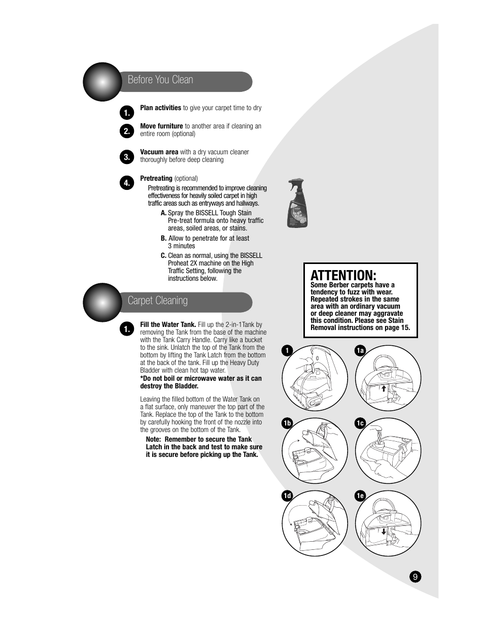 Attention, Before you clean, Carpet cleaning | Bissell PROHEAT2X 8920 User Manual | Page 9 / 24