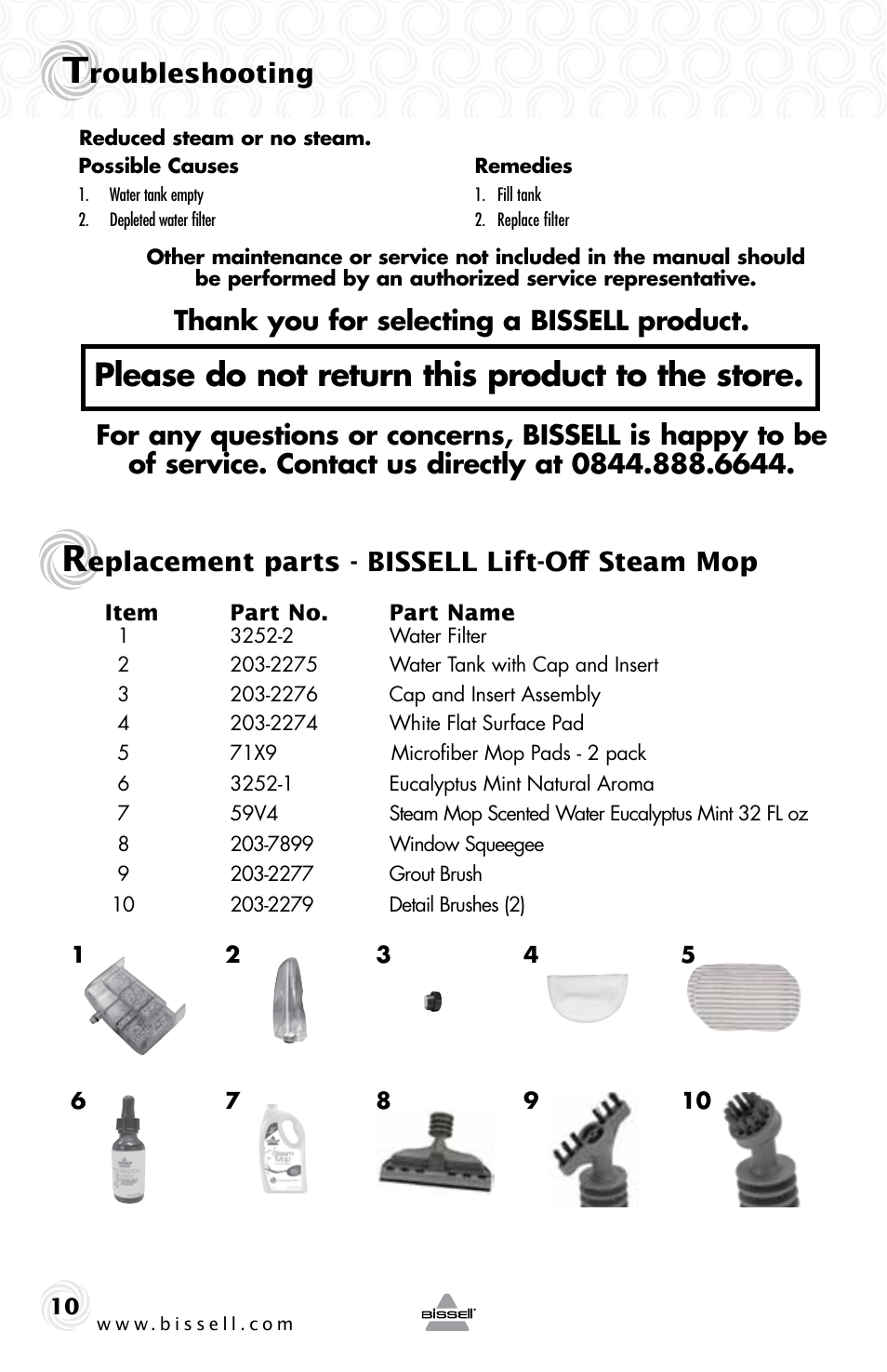 Please do not return this product to the store, Roubleshooting, Eplacement parts - bissell lift-off steam mop | Bissell 23B6-J User Manual | Page 10 / 12