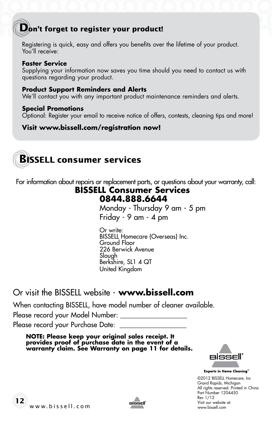 Issell, Consumer services, Monday - thursday 9 am - 5 pm friday - 9 am - 4 pm | Bissell 23B6-J User Manual | Page 12 / 12