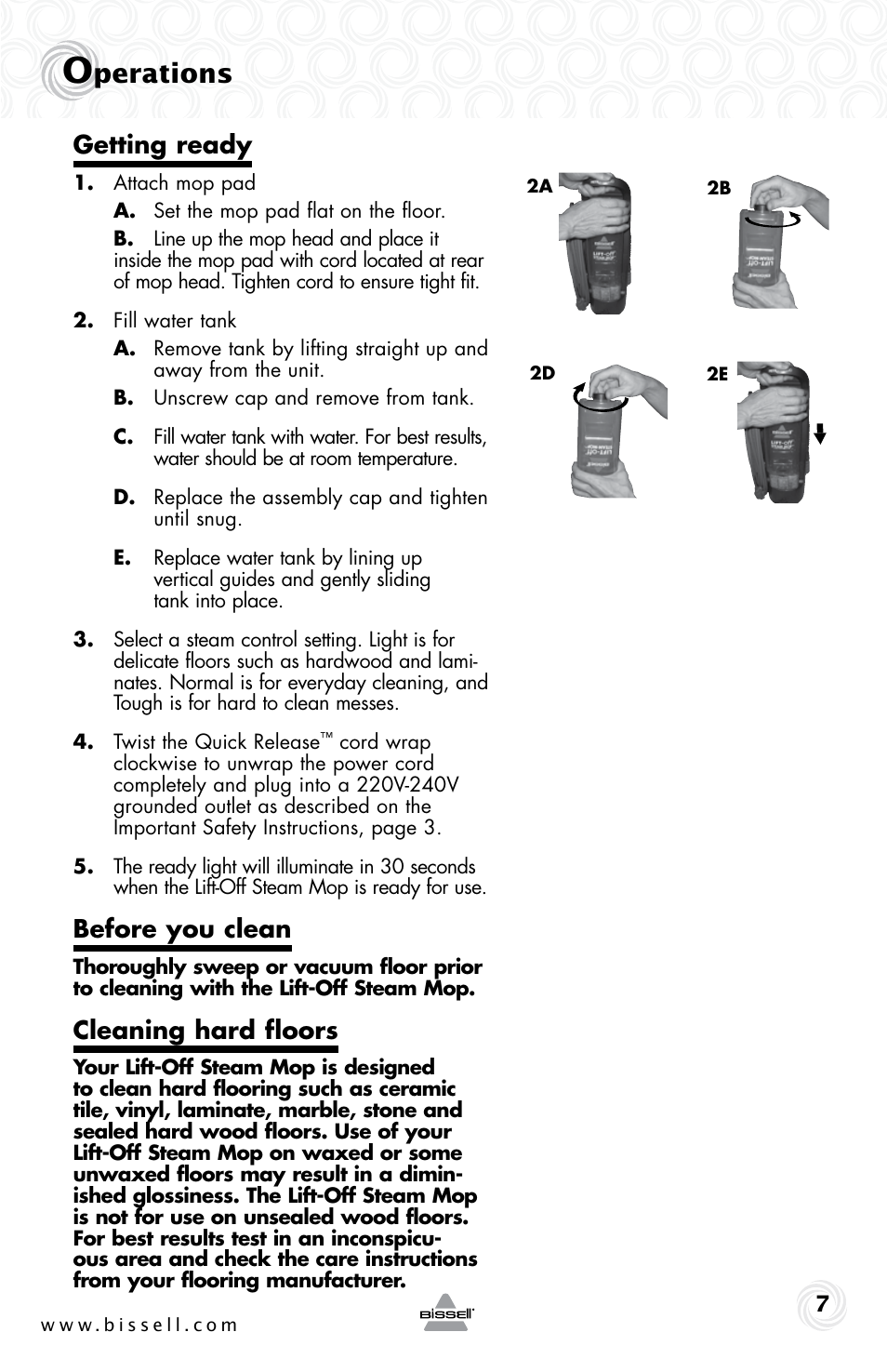 Perations, Getting ready, Before you clean | Cleaning hard floors | Bissell 23B6-J User Manual | Page 7 / 12