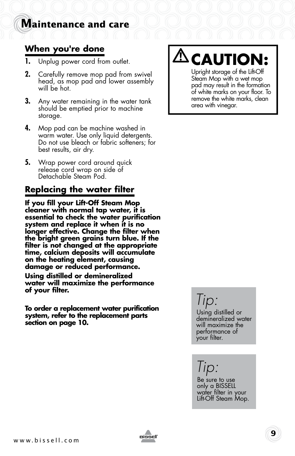 Caution, Aintenance and care | Bissell 23B6-J User Manual | Page 9 / 12