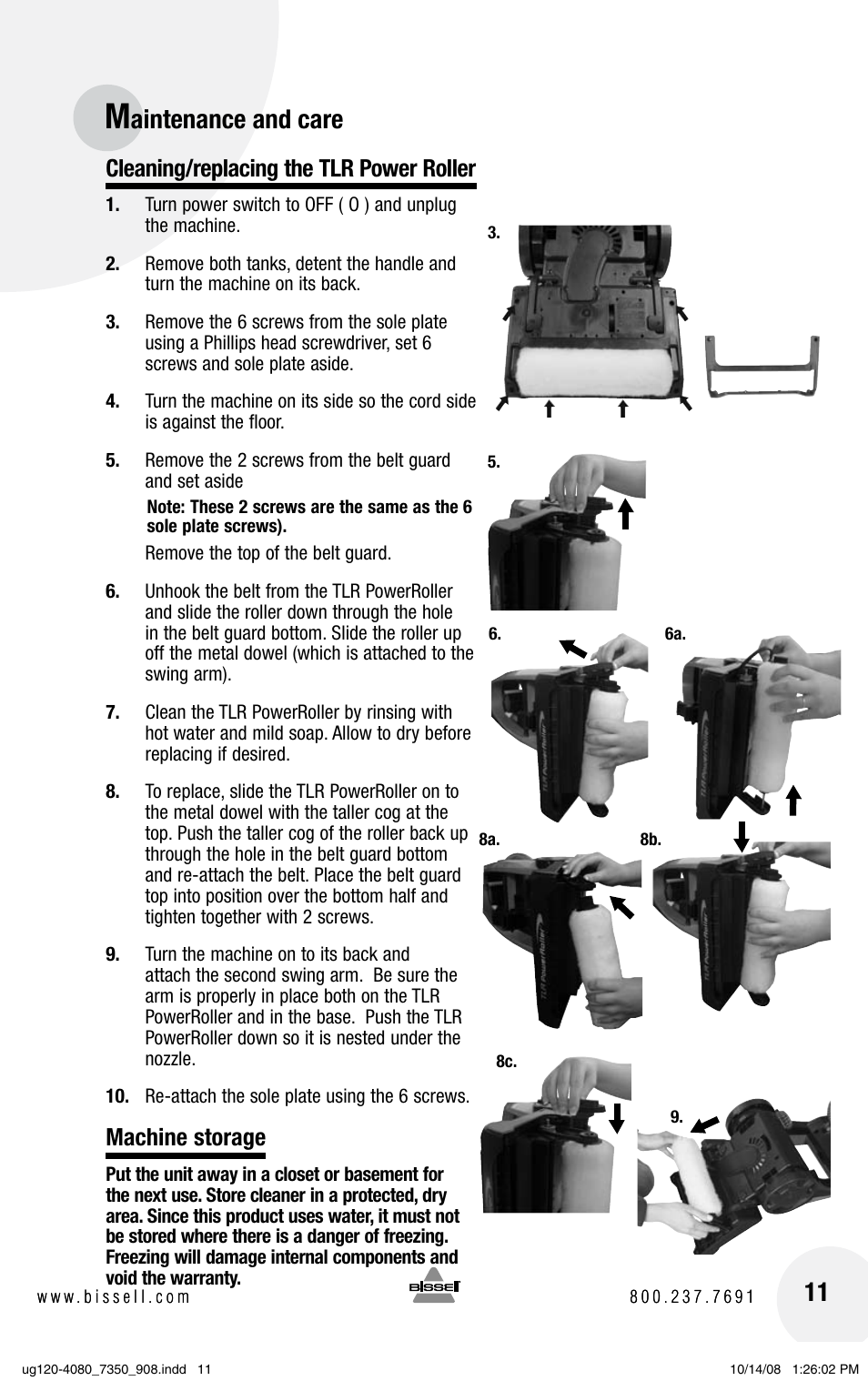 Aintenance and care, Cleaning/replacing the tlr power roller, Machine storage | Bissell PRODRY 8350 User Manual | Page 11 / 16