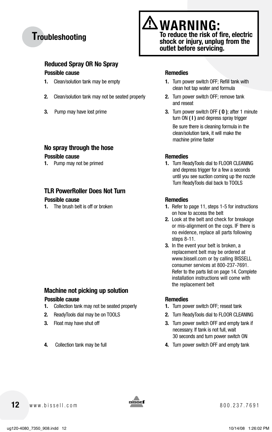 Warning, Roubleshooting, Reduced spray or no spray | No spray through the hose, Tlr powerroller does not turn, Machine not picking up solution | Bissell PRODRY 8350 User Manual | Page 12 / 16