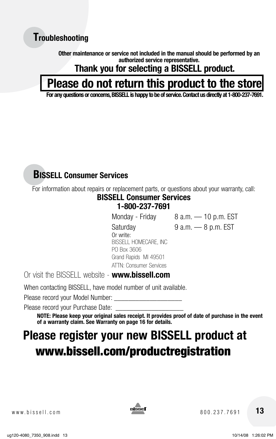 Please do not return this product to the store | Bissell PRODRY 8350 User Manual | Page 13 / 16