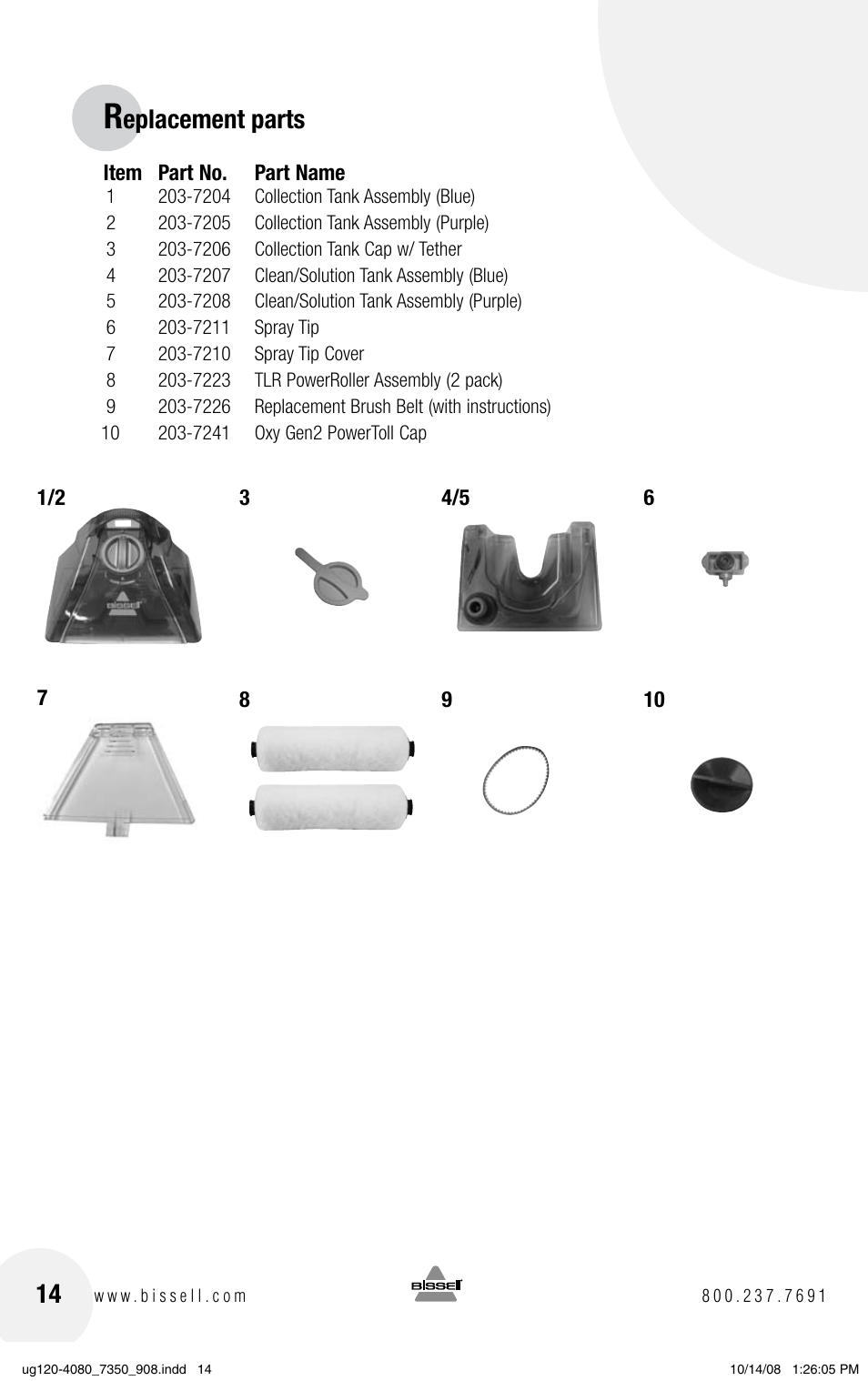Eplacement parts | Bissell PRODRY 8350 User Manual | Page 14 / 16