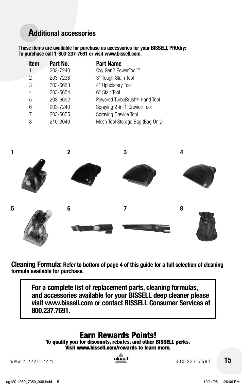 Earn rewards points, Dditional accessories, Cleaning formula | Bissell PRODRY 8350 User Manual | Page 15 / 16