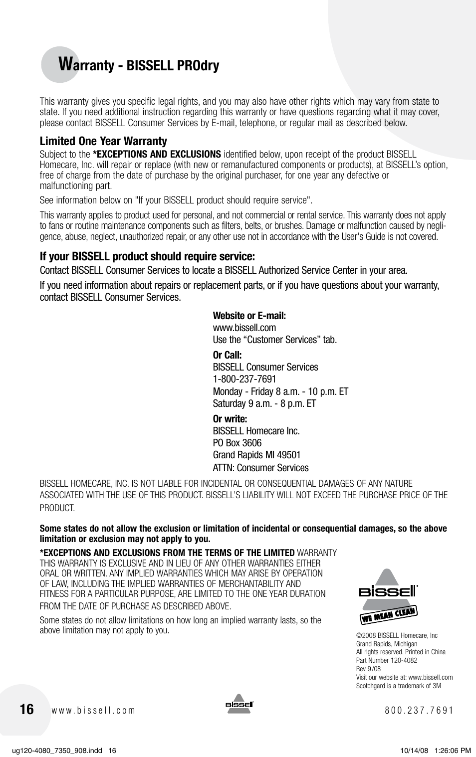 Arranty - bissell prodry | Bissell PRODRY 8350 User Manual | Page 16 / 16
