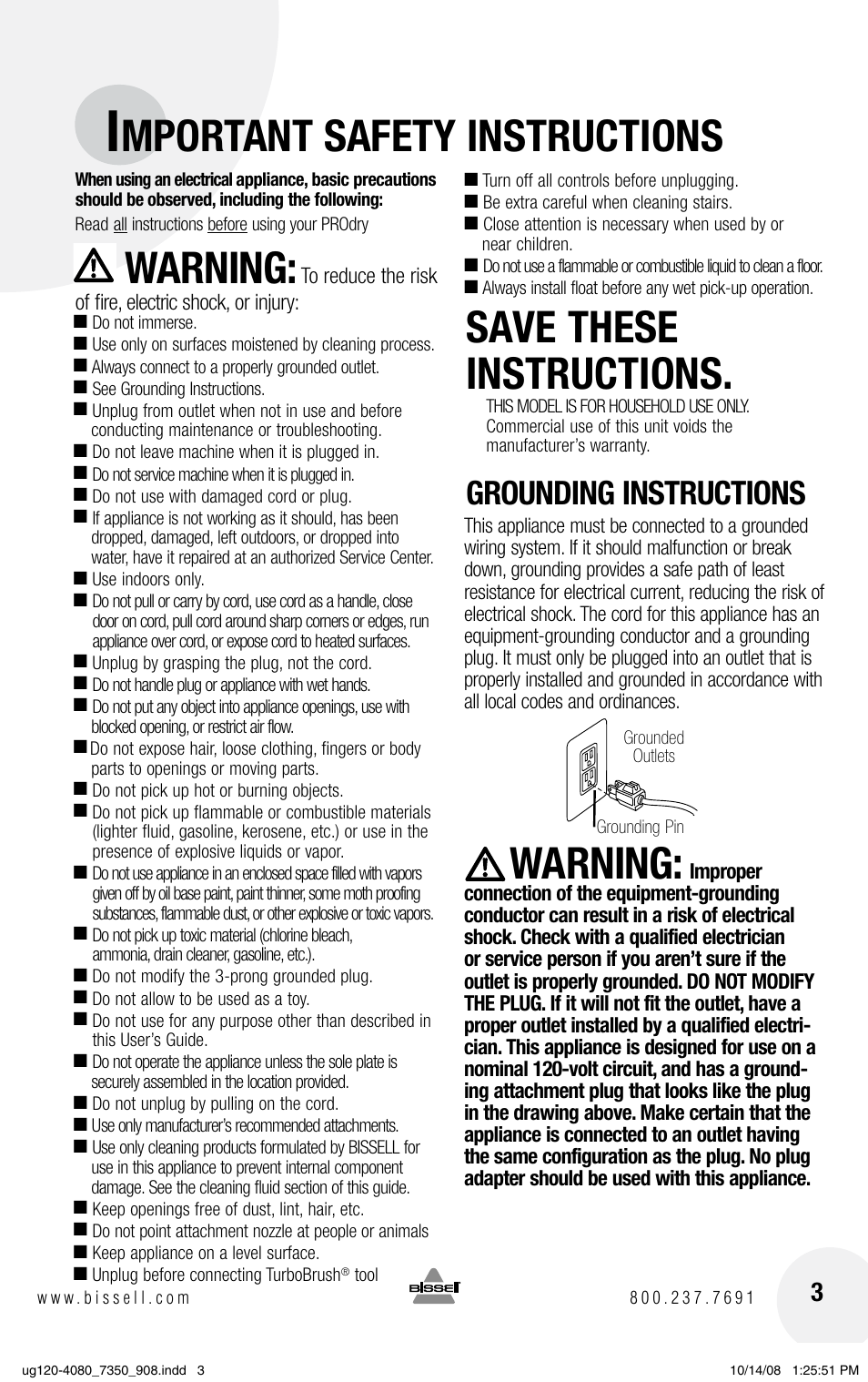Mportant safety instructions, Warning, Save these instructions | Grounding instructions | Bissell PRODRY 8350 User Manual | Page 3 / 16