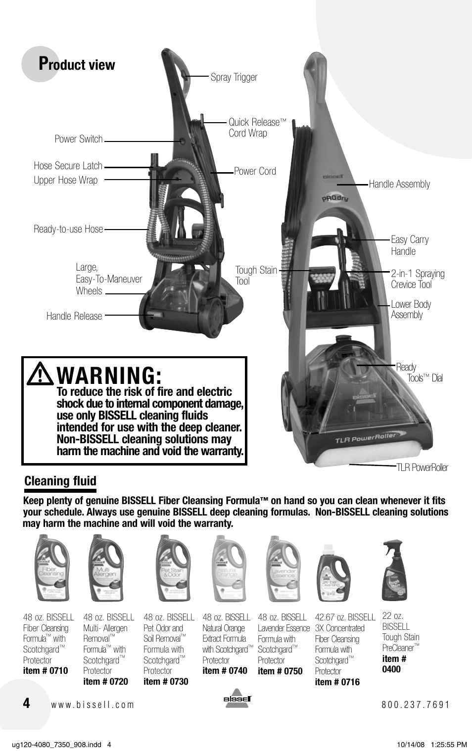 Warning, Roduct view, Cleaning fluid | Bissell PRODRY 8350 User Manual | Page 4 / 16