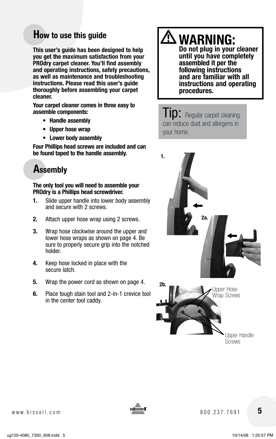 Warning, Ow to use this guide, Ssembly | Bissell PRODRY 8350 User Manual | Page 5 / 16