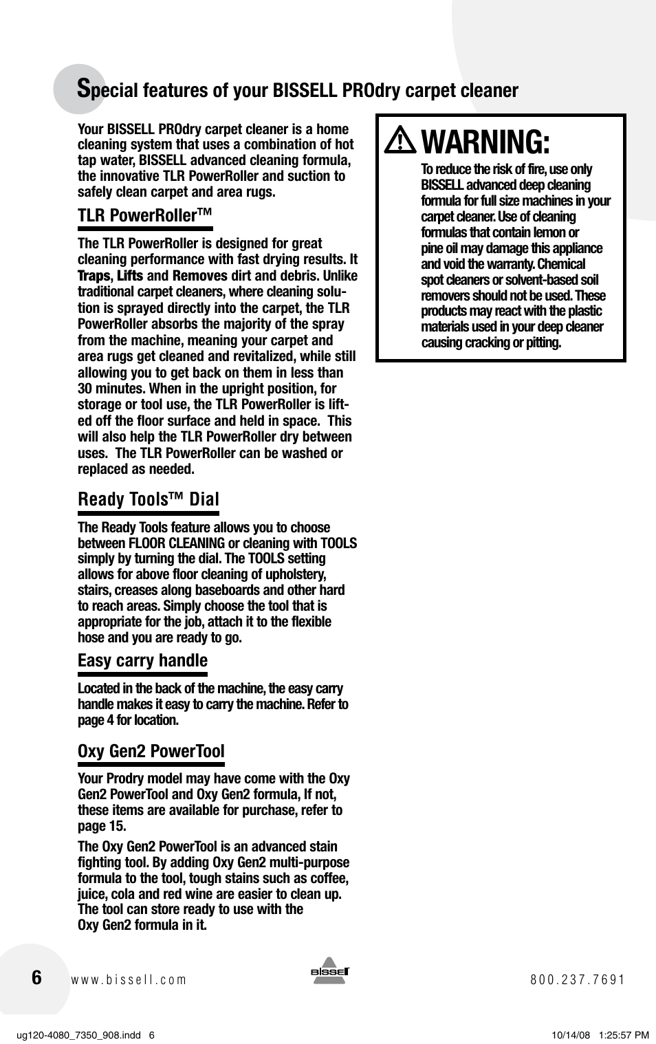 Warning, Tlr powerroller, Ready tools™ dial | Easy carry handle, Oxy gen2 powertool | Bissell PRODRY 8350 User Manual | Page 6 / 16