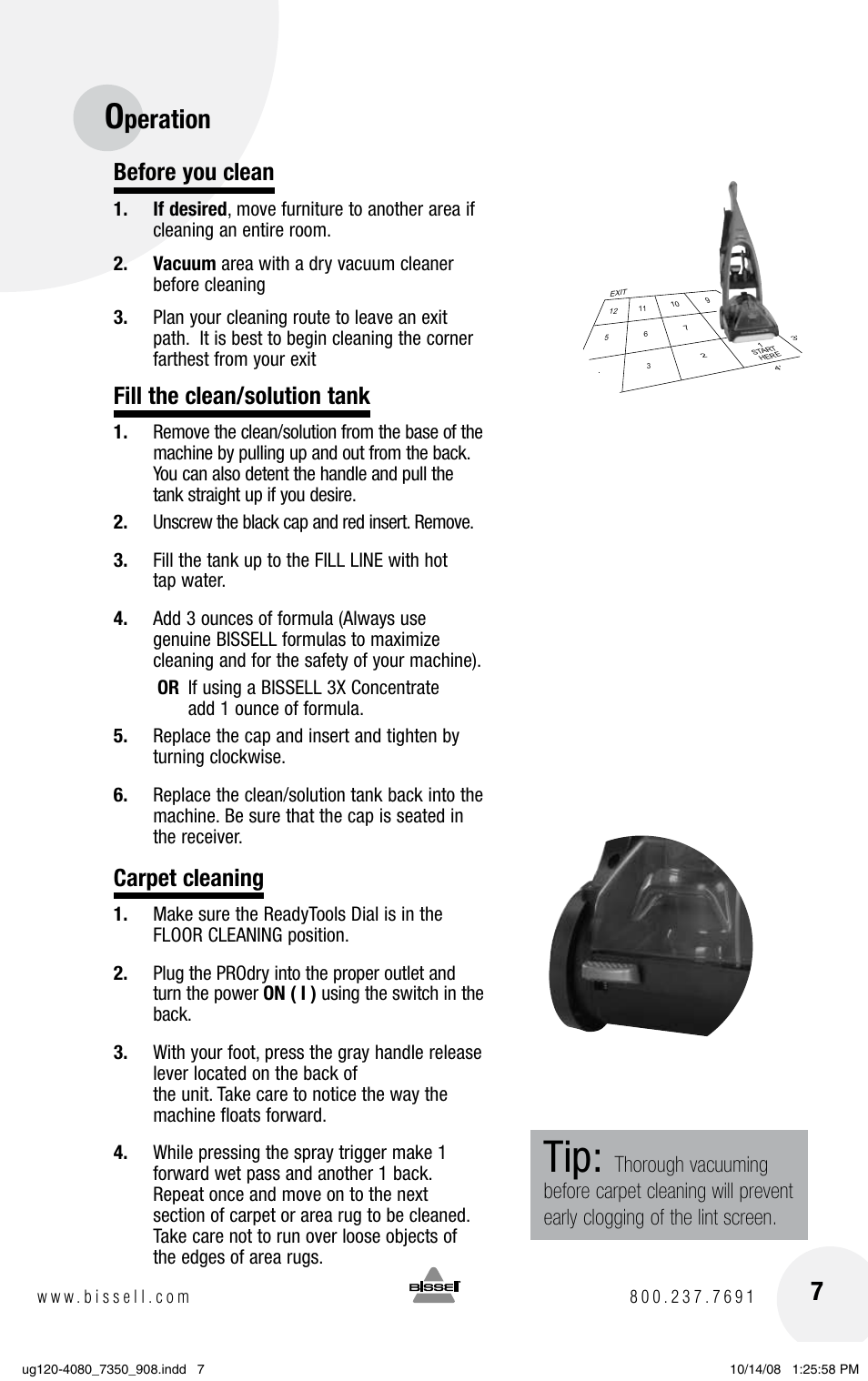 Peration, Before you clean, Fill the clean/solution tank | Carpet cleaning | Bissell PRODRY 8350 User Manual | Page 7 / 16