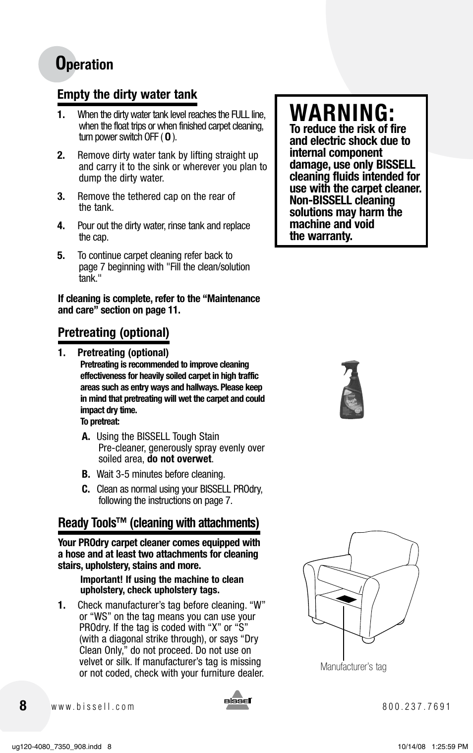 Warning, Peration | Bissell PRODRY 8350 User Manual | Page 8 / 16