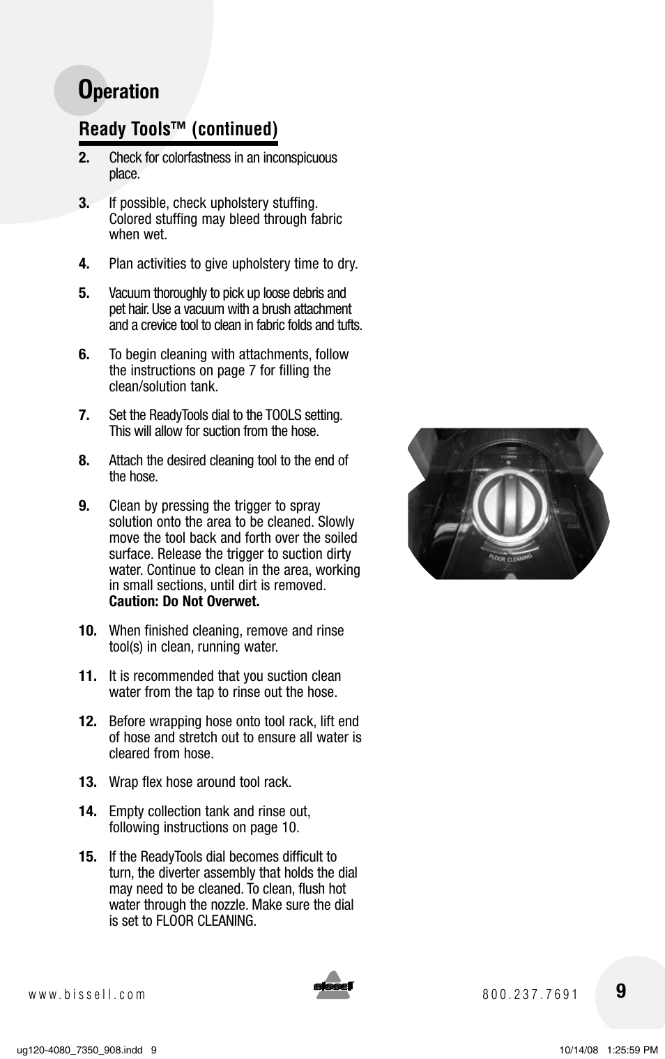 Peration, Ready tools™ (continued) | Bissell PRODRY 8350 User Manual | Page 9 / 16