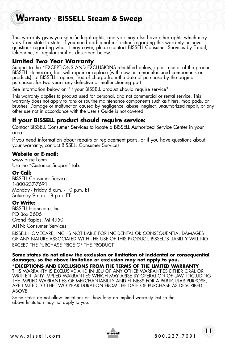 Arranty - bissell steam & sweep | Bissell STEAM & SWEEP 46B4 User Manual | Page 11 / 12