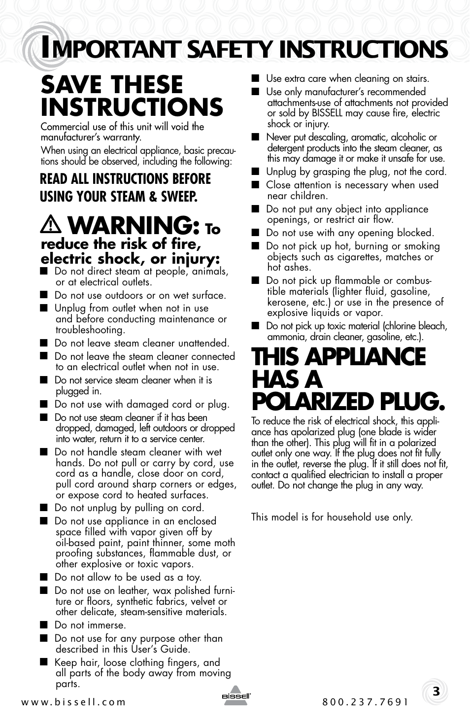 Mportant safety instructions, Save these instructions, Warning | This appliance has a polarized plug | Bissell STEAM & SWEEP 46B4 User Manual | Page 3 / 12