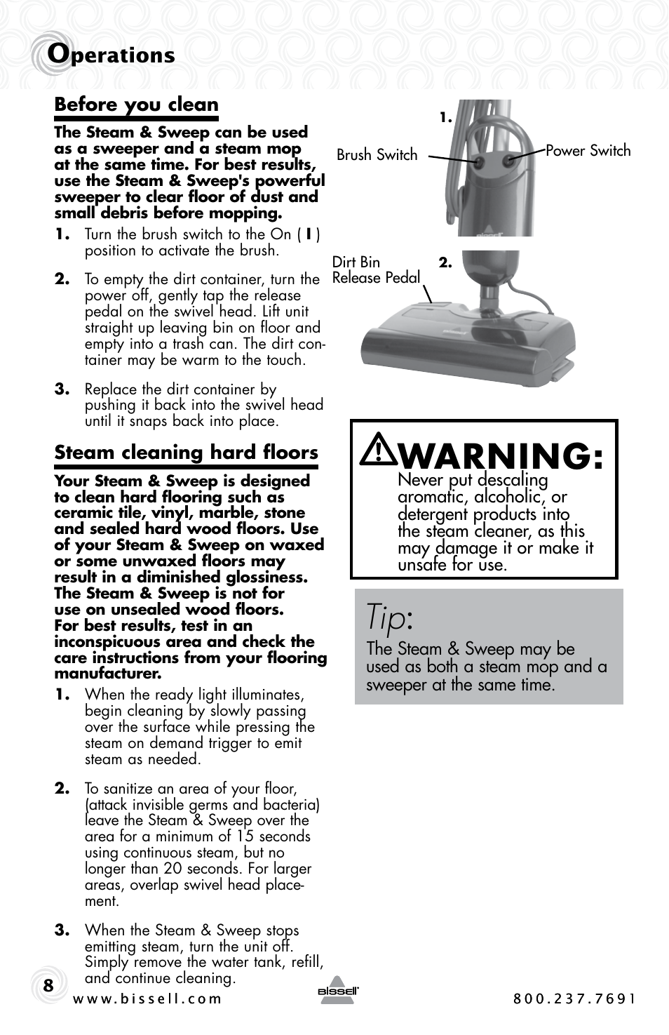 Warning, Perations | Bissell STEAM & SWEEP 46B4 User Manual | Page 8 / 12