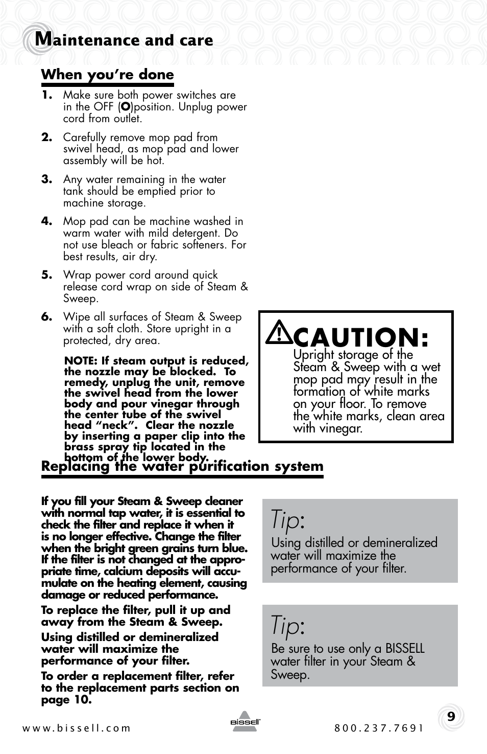 Caution, Aintenance and care | Bissell STEAM & SWEEP 46B4 User Manual | Page 9 / 12