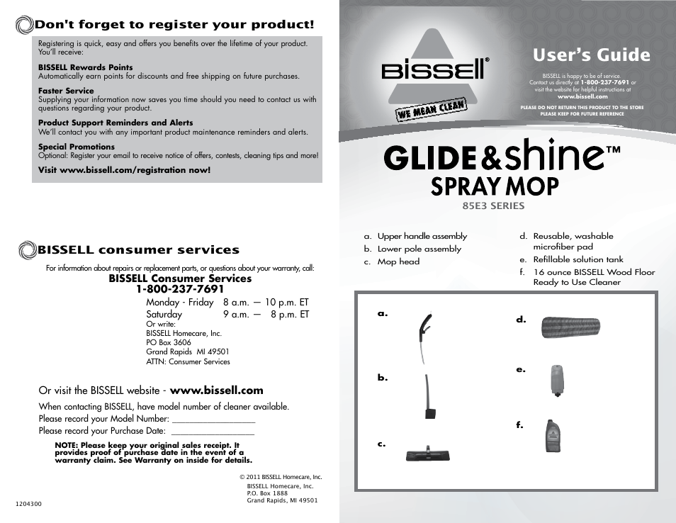 Bissell 85E3 SERIES User Manual | 2 pages