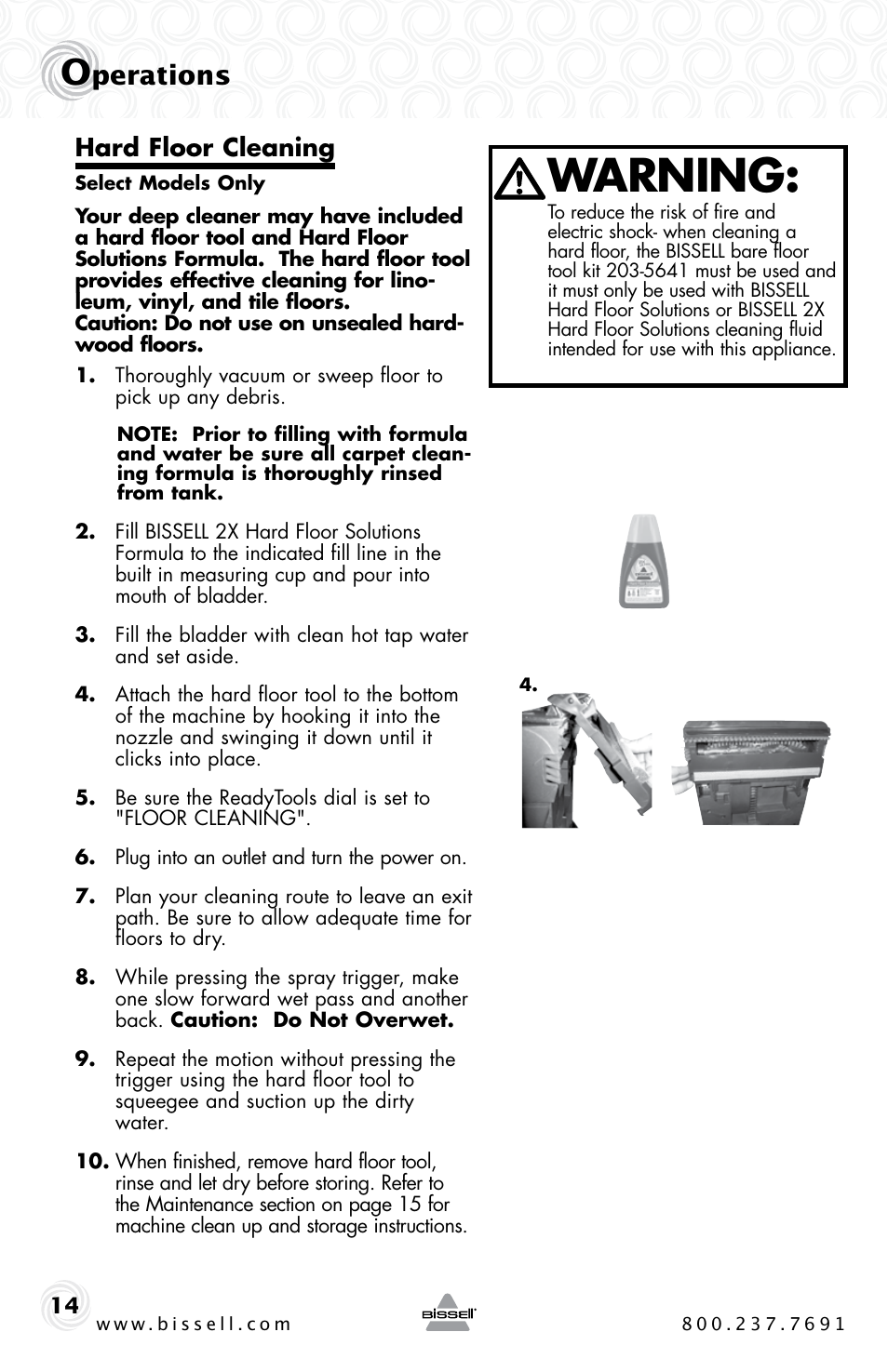 Warning, Perations, Hard floor cleaning | Bissell Proheat 2SA3 User Manual | Page 14 / 60