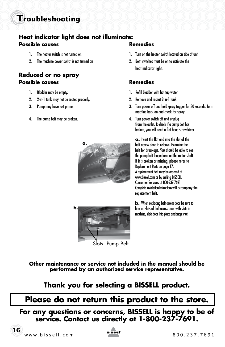 Please do not return this product to the store, Roubleshooting | Bissell Proheat 2SA3 User Manual | Page 16 / 60