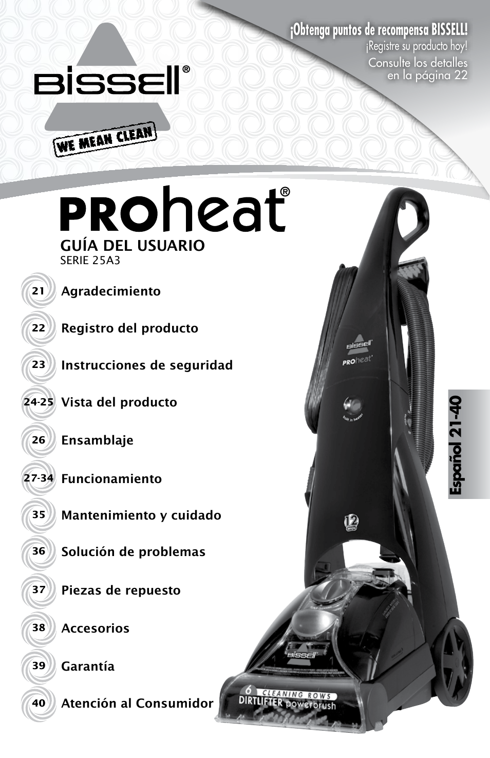 Earn bissell rewards, Obtenga puntos de recompensa bissell, Spanish | Guía del usuario, Es pa ño l 2 1- 40 | Bissell Proheat 2SA3 User Manual | Page 21 / 60