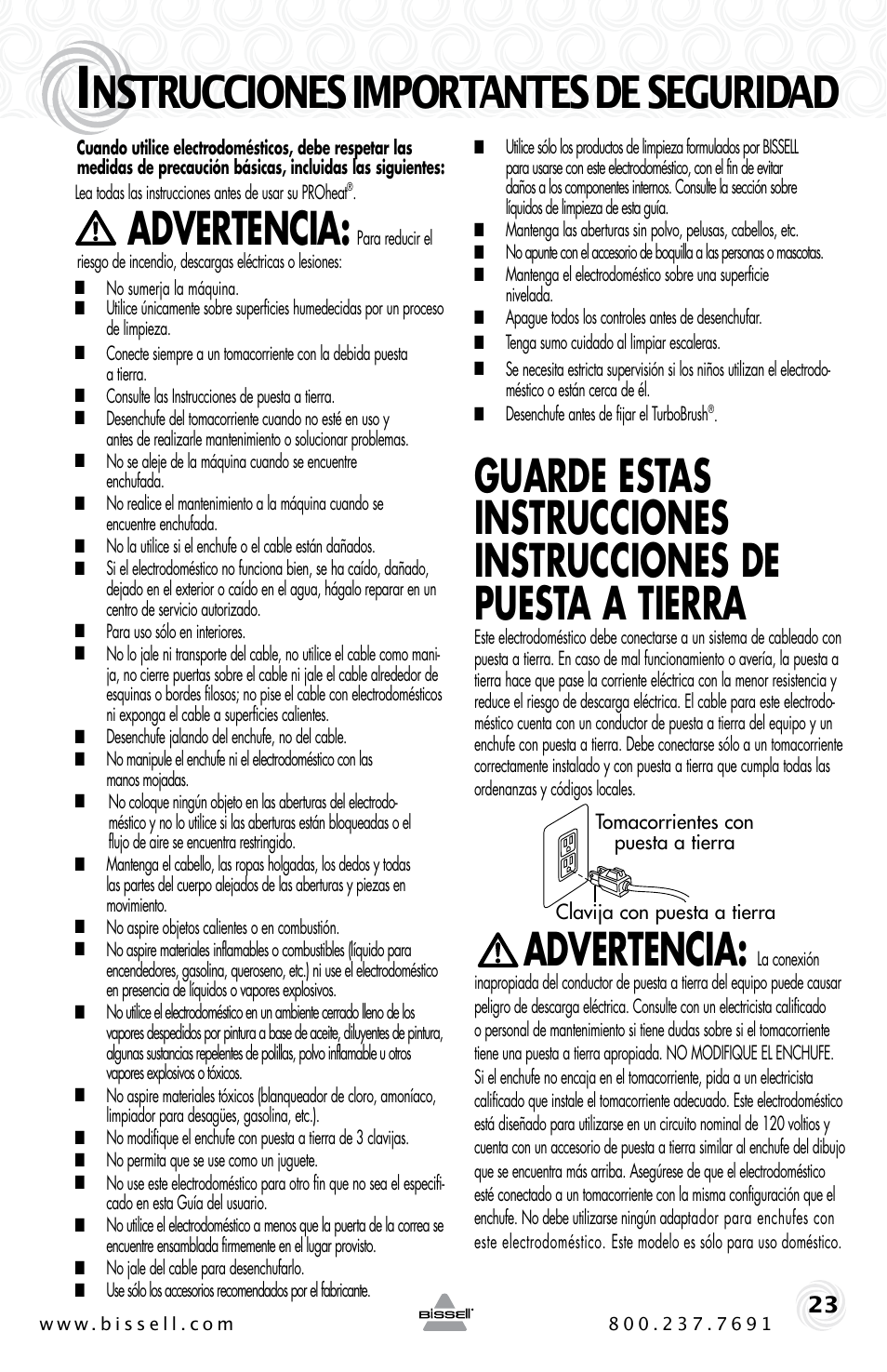 Nstrucciones importantes de seguridad, Advertencia | Bissell Proheat 2SA3 User Manual | Page 23 / 60