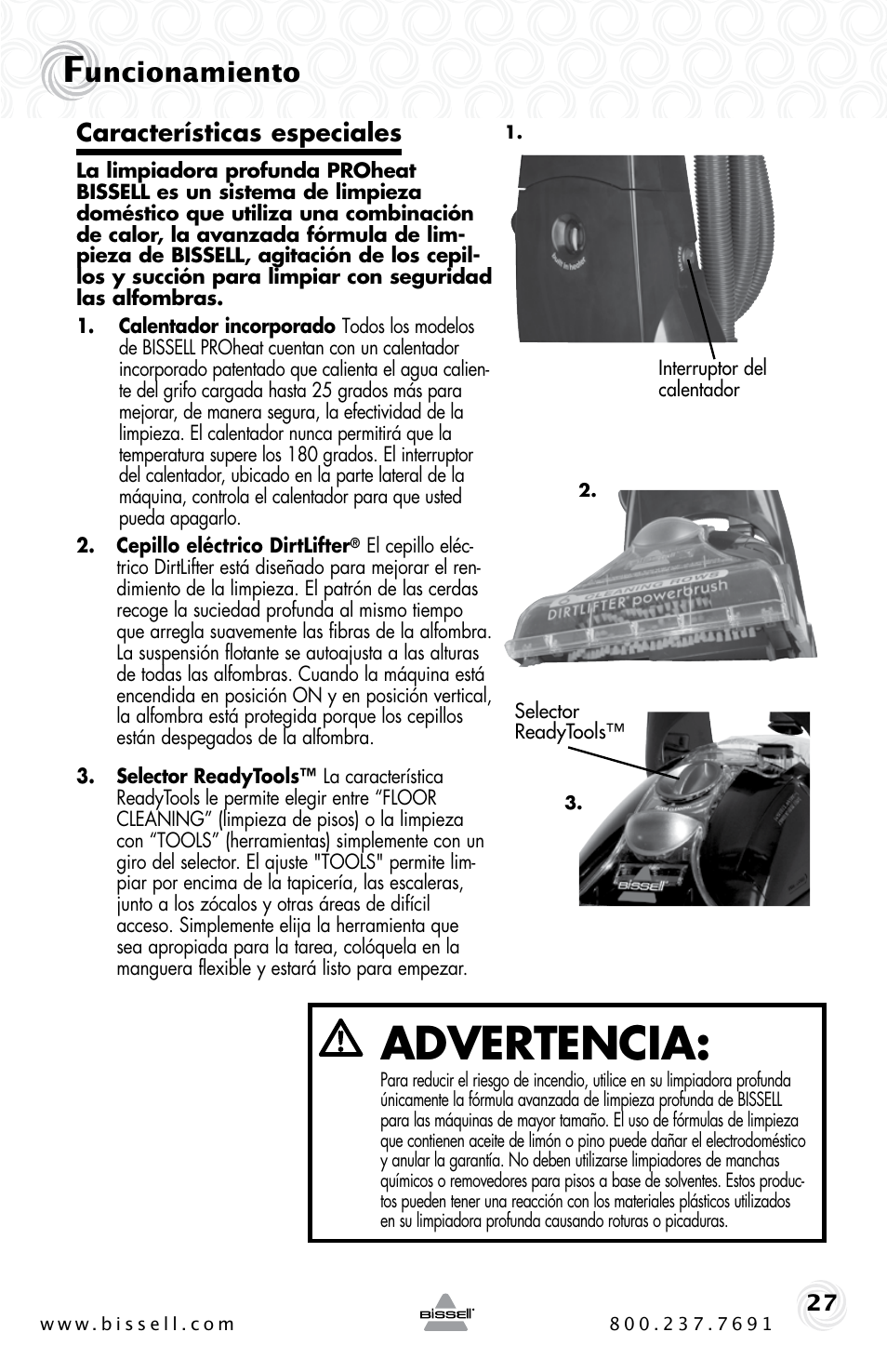 Advertencia, Uncionamiento, Características especiales | Bissell Proheat 2SA3 User Manual | Page 27 / 60