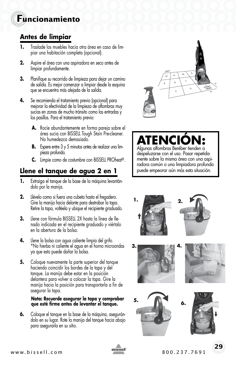 Atención, Uncionamiento, Antes de limpiar | Llene el tanque de agua 2 en 1 | Bissell Proheat 2SA3 User Manual | Page 29 / 60