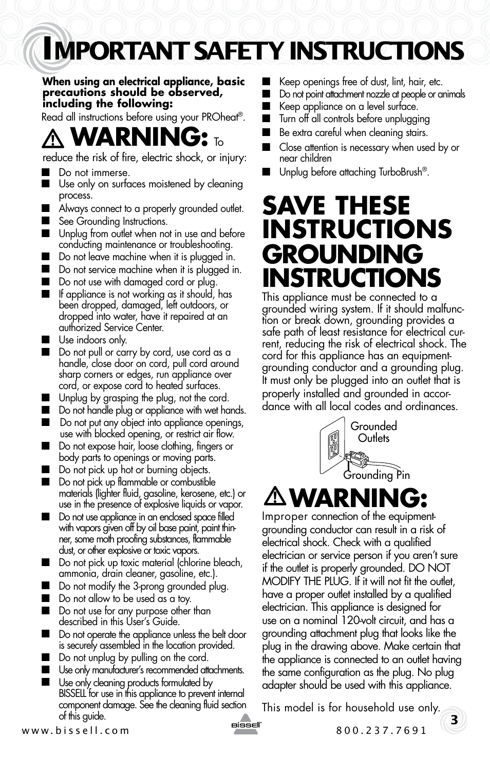 Mportant safety instructions, Warning, Save these instructions grounding instructions | Bissell Proheat 2SA3 User Manual | Page 3 / 60